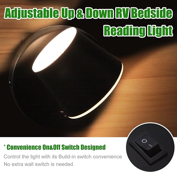 12V LED Bedside Reading Light with Switch, 350 Rotatable 12Volts Vanity Wall Sconce, Black Finished, RV Interior Lights for Camper Trailer, Boat