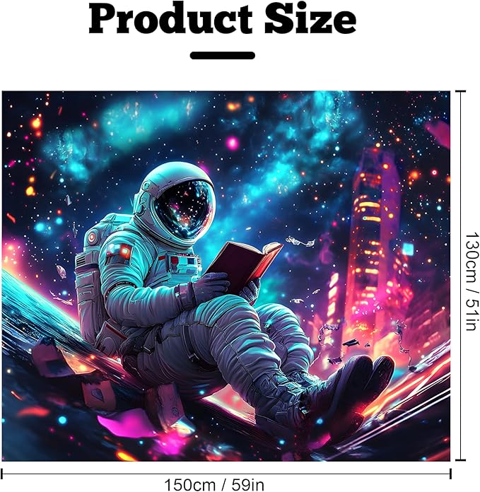 BVBOX Astronaut Space Blacklight Tapestry 59"x51", UV Reactive Astronaut Reading Universe Galaxy Planet Glow in Dark Tapestries, Black Light Neon Upright Poster Wall Hanging Backdrop Decor for Bedroom Living Room