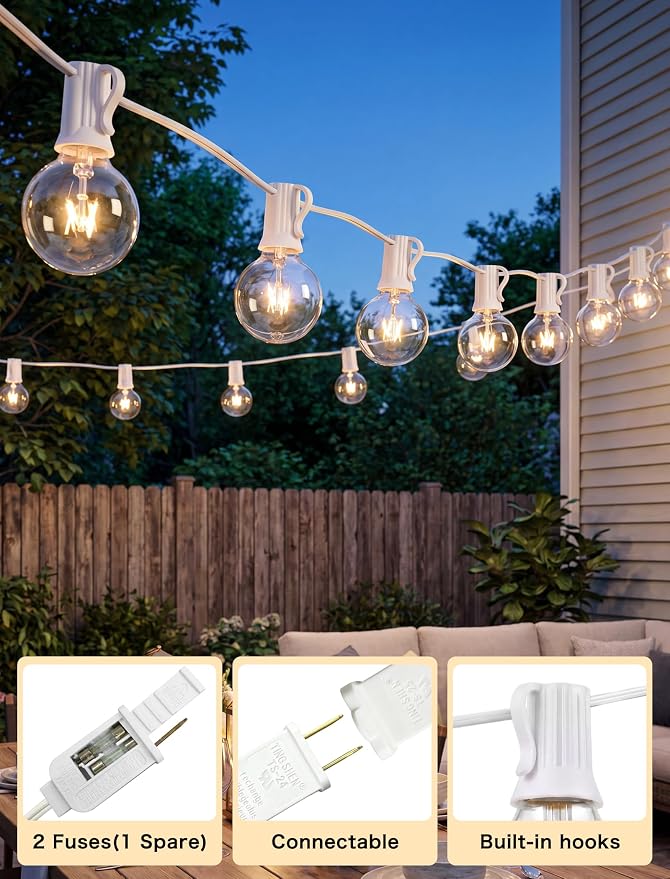 25FT Outdoor White String Lights with 27 G40 Clear Bulbs | Globe Patio String Lights for Indoor/Outdoor, Connectable Hanging Lights for Backyard Porch Balcony Party Decor - White Wire