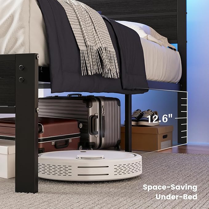 Twin Size Bed Frame with LED Lights and USB Charging Station | Black Metal Platform Bed with Storage Headboard, Noise Free, No Box Spring Needed, Easy Assembly