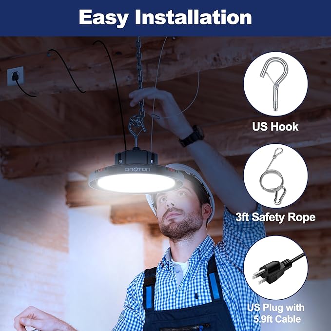 CINOTON 160W UFO LED High Bay Light, Aluminum LED Shop Lights with 24000LM, 5000K Commercial Bay Lighting for Warehouse Garage Workshop Factory Shed, 6' Cable & Safety Rope, ETL Listed 10 Pack