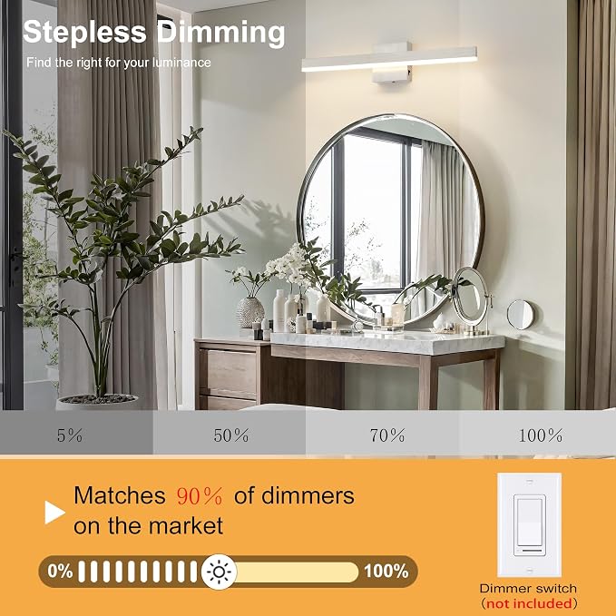 Nickel Bathroom Vanity Light Fixture 23.6'' 20W Dimmable 5CCT LED Hardwired | Bathroom Light Fixture Over Mirror, Bathroom Wall Sconce, Rust-resistant, ETL Certificated, 2700K/3000K/3500K/4000K/5000K