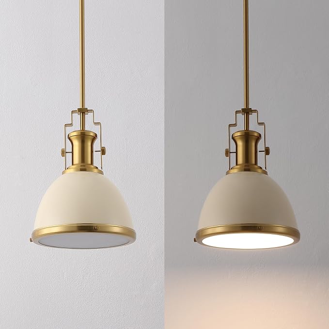 JONATHAN Y Homer Industrial Dome Pendant 10", Almond/Brass Gold | 1-Light, Farmhouse Style, Adjustable Hanging Height, Glass Diffuser, Sloped Ceiling Compatible, Metal, LED Bulb Included