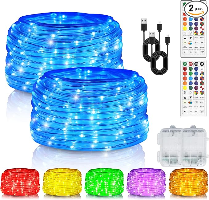 Rope Lights for Outside 66FT 200 LED RGB Battery Operated String Lights | 24 Colors RGB, Color Changing, Waterproof, Remote, String Light Outdoor for Christmas Halloween Party Holiday Wedding Decor