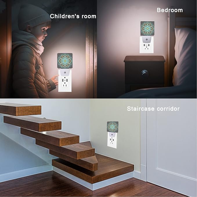 Mandala Floral Night Light,Yellow and Brown Ethnic Style Plug-in Night Lights with Dusk-to-Dawn Sensor for Stairway/Hallway/Bedroom Sleep Friendly lamp for Women/Girls/Boys Gift,0.5W