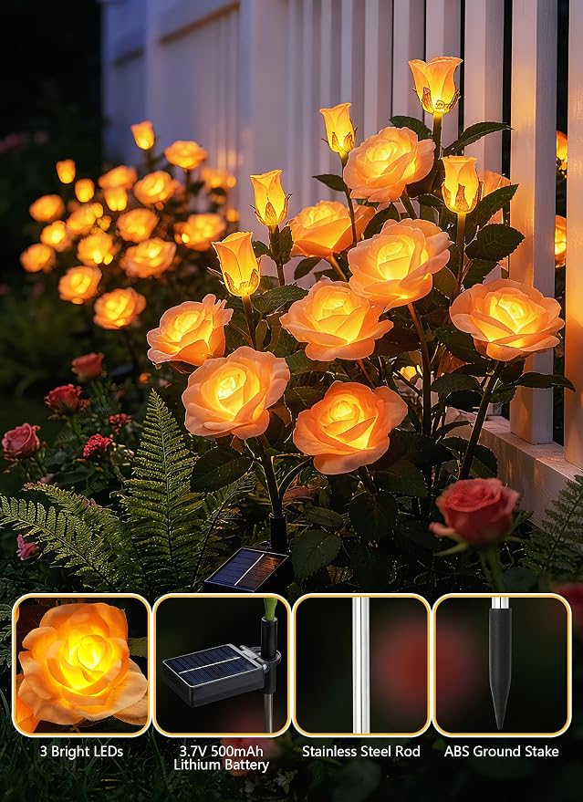 Brightown Solar Garden Lights, 4 Pack LED Rose Flower Lights Waterproof | Larger & Realistic Champagne Rose, Bigger Solar Panel, Waterproof Solar Lights Outdoor for Yard Garden Lawn Pathway Decor