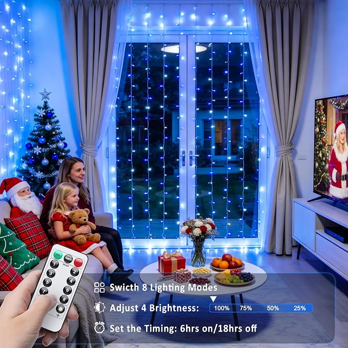 JMEXSUSS 200 LED USB Curtain Lights Blue and White | Remote Curtain Christmas Lights, 8 Modes Christmas String Lights for for Bedroom, for Christmas, for Party, 6.5ftx6.5ft