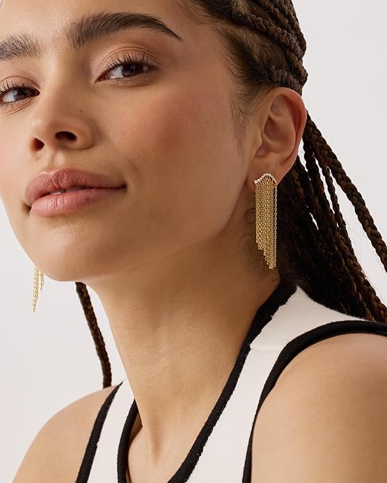 PAVOI 14K Gold Plated Long Tassel Dangle Earrings for Women - 925 Sterling Silver Posts Elegant Rhinestone Chain Chandelier Drop Earrings - Statement Jewelry