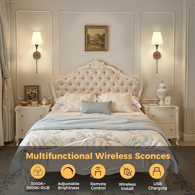 Battery Operated Wall Sconce: Set of 2 Wireless Wall Light 12000mAh | 15 Color Rechargeable Wall Sconces, Sconce Wall Decor Set of 2 for Bedroom, Living Room, Gold, 24.6in