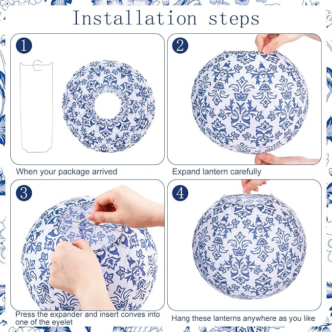 12 Pcs Chinoiserie Party Decor Blue White Porcelain Paper Lantern | 10", Blue and White Porcelain Paper Lantern, Chinese Hanging Decor for Classroom Wedding Birthday Party Baby Shower Home