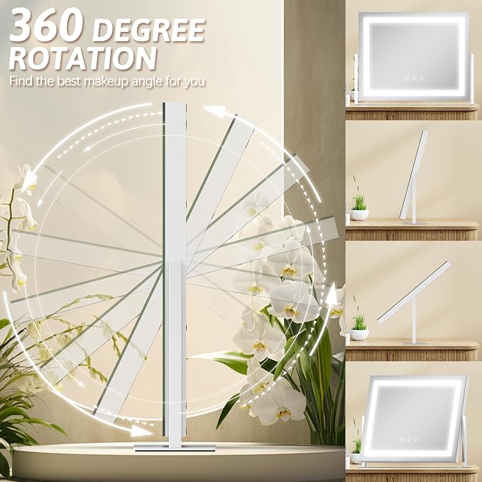 ROLOVE Vanity Mirror with Lights 22"x18", Lighted Makeup Mirror with 10X Magnification, Smart Touch 3 Colors Dimmable, 360° Rotation, Women Gift, Dresser Mount, Bathroom (White)
