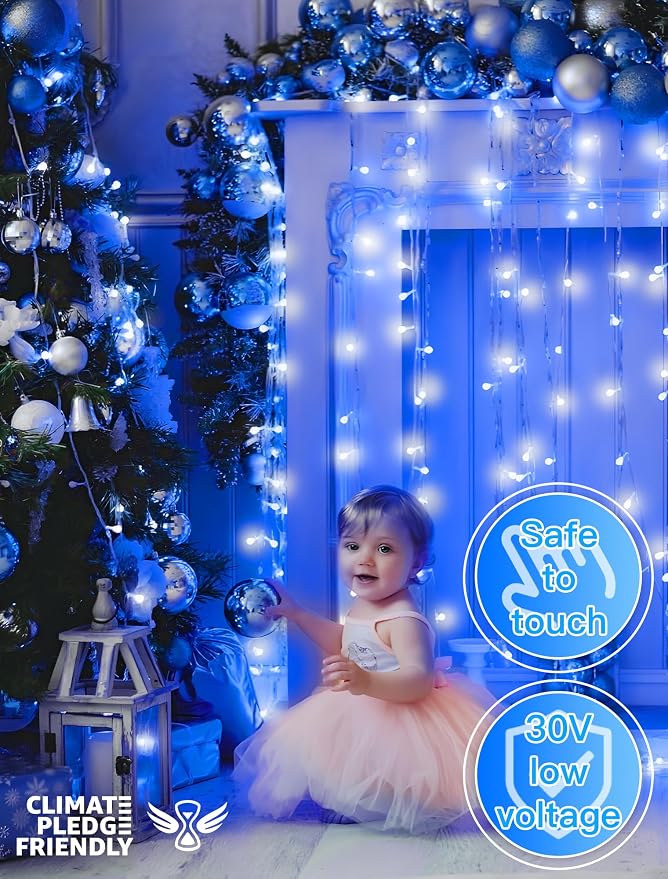 33FT 100 LED Blue Christmas Twinkle String Lights Indoor Outdoor | 8 Modes with Memory, Connectable, IP65 Waterproof, Transparent Wire, Up to 5 Sets, Widely use for Classroom, Bedroom, dorm