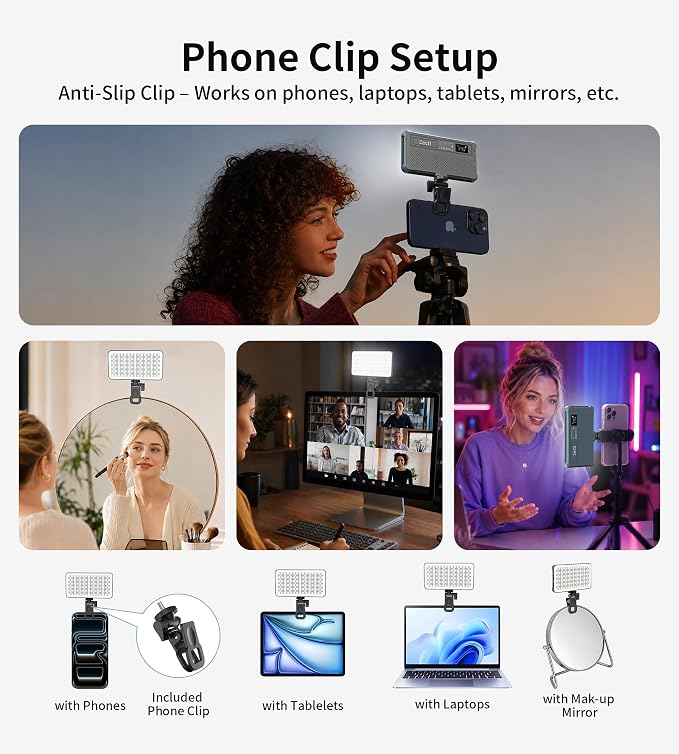 Zecti 135 LED RGB Selfie Phone Light with Metal Hotshoe & Clip | CRI 96+ 2500K-9900K 21 Effects RGB Video Light, 12W 4000mAh Camera Light for iPhones, iPad, Laptop, for Makeup, TikTok, Vlog