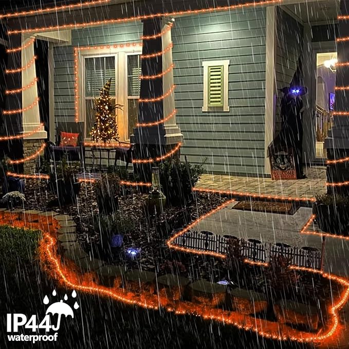 QITONG Orange Solar Rope Lights, 2 Pack Each 33ft 100 LED String Lights Outdoor, Fairy Lights in Clear Thin Tube with 8 Modes for Thanksgiving Fall Decor