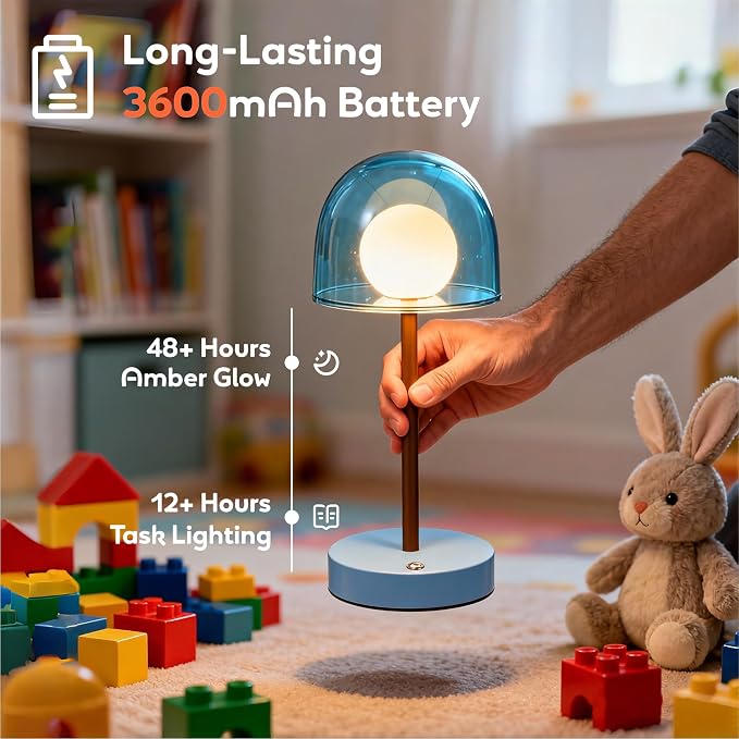 Blue Cordless Nursery Lamp, LED Small Kids Lamp, Shower Lamp IP44 | Blue Light Desk Battery, Wireless Table Lamps Dimmable, Small Battery Operated Lamp Kids Desk, Mini Lamp Desk Kitchen Lamp