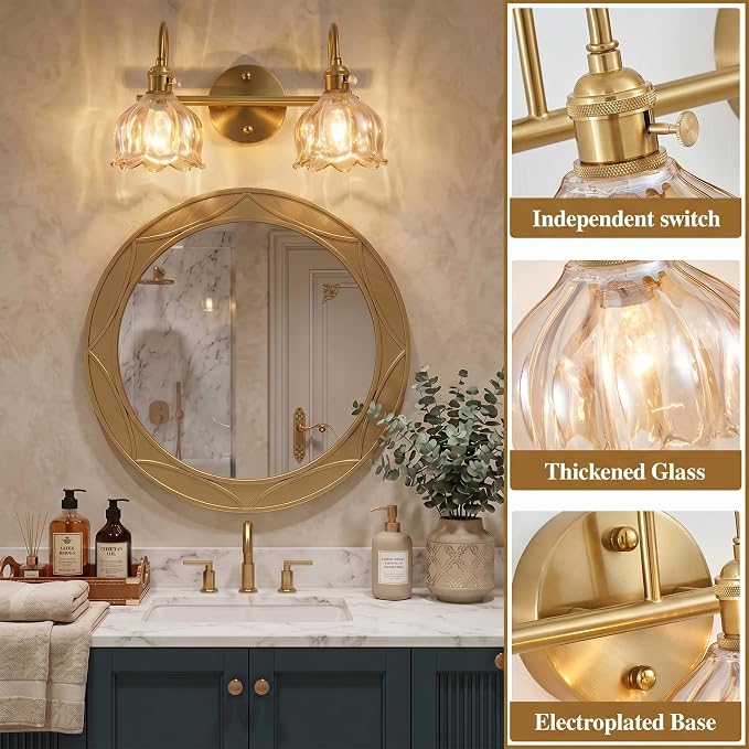 Bathroom Light Fixtures, 3-Light Brass Vanity Wall Light with Amber Tulip Glass Shades, Vintage Wall Sconce Over Mirror for Bathroom, Bedroom, Living Room (Bulbs Not Included) (Amber, 2-Light)
