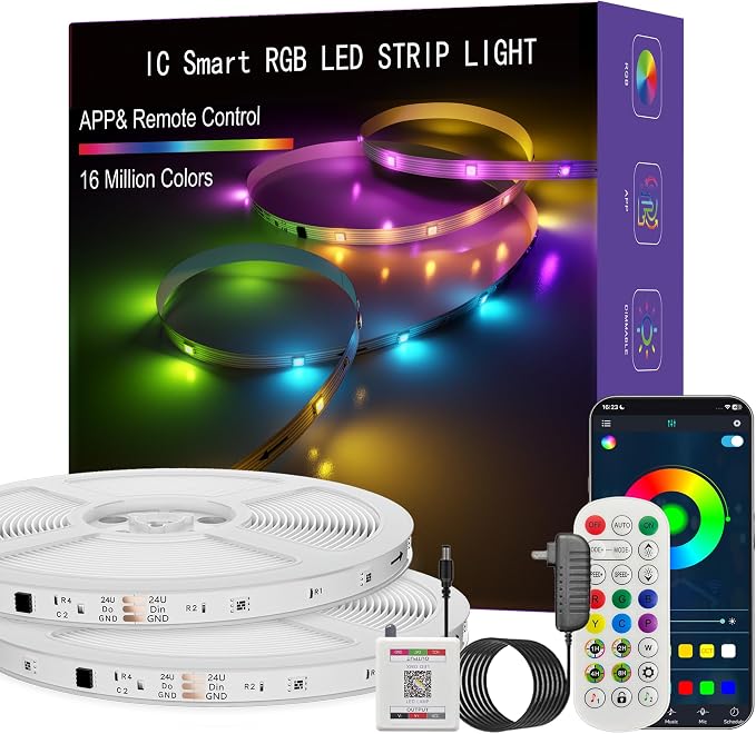 IC Smart RGB LED Strip Lights, 100FT LED Lights for Bedroom, App Control/Remote Control, Music Sync, DIY Design, Rainbow Chasing Effects, Strip Lights for Home, Party Decor | Color Changing, Multiple Colors Chasing Effects, APP & Remote Control, Timer ...