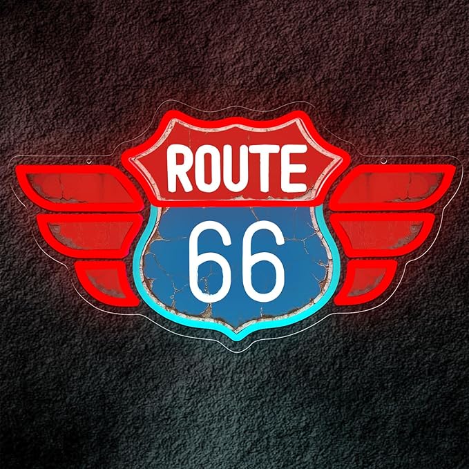 UV Printed Route 66 Neon Sign Vintage Route 66 Garage Wall Decor Dimmable Led Us High Way Sign for Man Cave Garage Neon Lights for Bedroom Party Club Gift