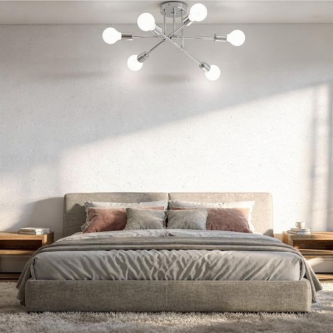 Modern Sputnik Chandelier Ceiling Light Fixtures, 6-Lights 22” Mid Century Industrial Metal Semi Flush Mount for Dining Room, Bedroom, Living Room-Glossy Silver