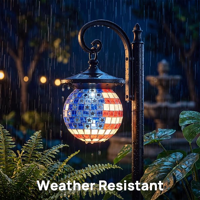 Solar Lamp Post Light with Planter, Patriotic Mosaic Outdoor Lantern Decor | Warm White LED Light, Dusk to Dawn, IP44 Waterproof, 4 Solar Panels, No Wiring Required, Energy Saving, Porch, Patio, Garden.