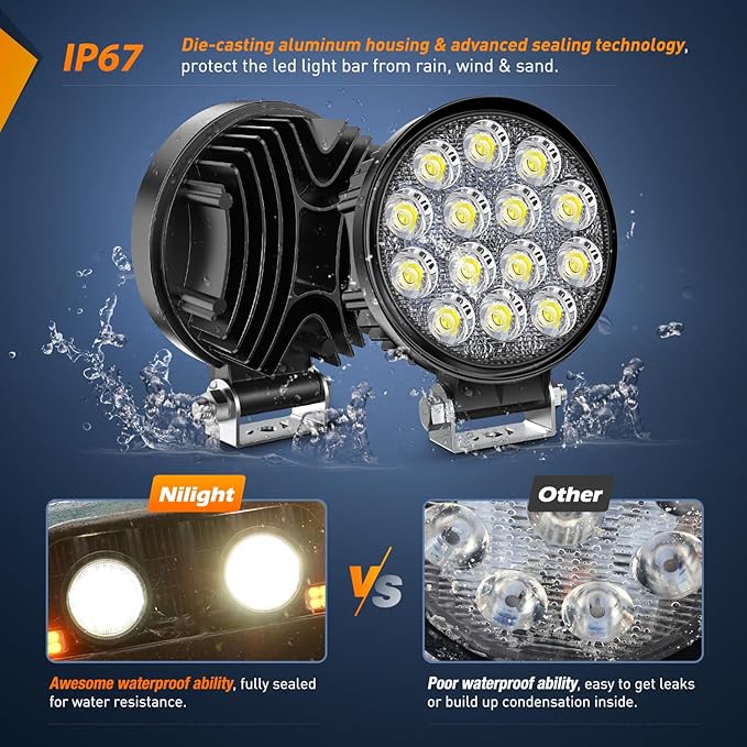 Nilight 2Pcs 4.5Inch LED Pods 42W 4200LM Round Flood Light Off Road Lights Fog Lights 12V 5Pin Rocker Switch Wiring Harness Kit-2 Leads, 2 Years Warranty
