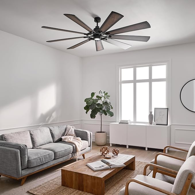 Kichler Gentry XL 85" Ceiling Fan with LED Light, Distressed Black | 9-blade industrial fan with dimmable LED light and DC motor for large indoor spaces, 300285DBK