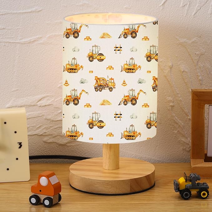 Car Kids Table Lamp for Bedroom Kids Bedside Lamp with Linen Wooden Nightstand Cartoon Nursery Lampshade for Girls Boys Living Room