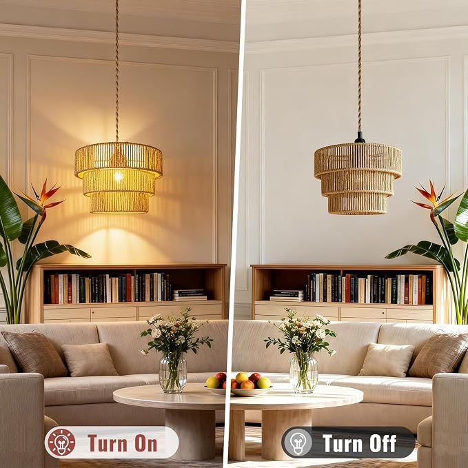 Hanging Light Ceiling Lamp Pendant Lights Rattan Hanging Lamp with Plug in Cord for Living Room Bedroom Kitchen Indoor Hanging Lamp Plug in Woven Lampshade