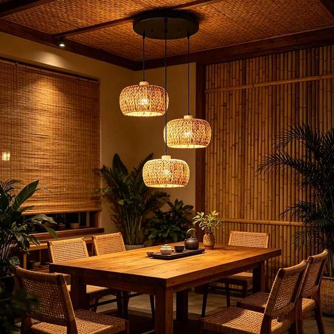 Natural Hand-Woven Basket Chandelier 3-Light Cluster Pendant Light Fixture Seagrass Rattan Shade Farmhouse E26 Base for Living Room Dining Room, Boho Light Fixtures
