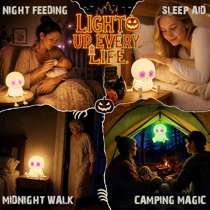 FAMIDUO Skull Night Light, Halloween Decor Gift,8 Colors Kids Skeleton Lamp | Silicone Squishy Safe Toy,Rechargeable Dimmable Touch Bedside Lamp for Nursery,Cool Cute Gothic Decor,Office College Bedroom