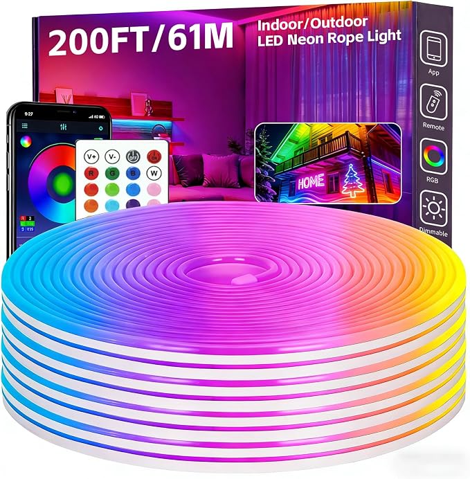 200FT RGB LED Neon Rope Lights, App & Remote Control, Flexible Waterproof IP65 Led Strip Lights, Music Sync Color Changing Multiple Modes Neon Lights for Bedroom Gaming Room Indoor & Outdoor Decor
