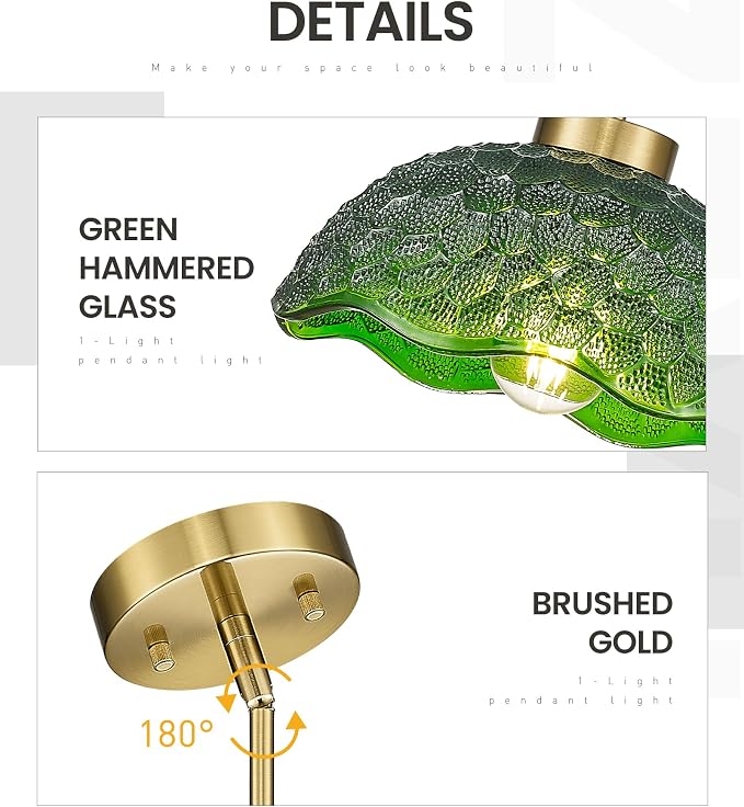 zeyu 10.4 Inch Green Glass Pendant Lightings, Brushed Gold 1 Light Island Light Fixtures, Hanging Lamps 2 Pack with Green Hammered Glass, ZJX116M1L-2PK BG G