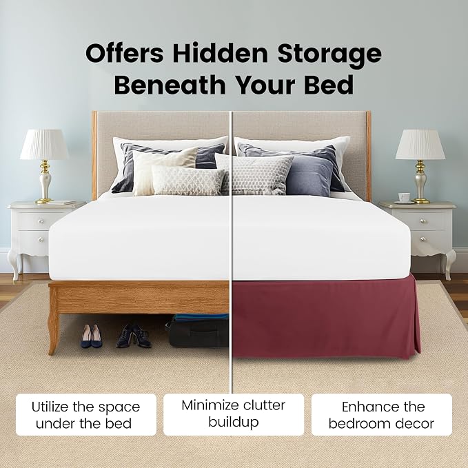 Utopia Bedding Queen Bed Skirt - Soft Quadruple Pleated Ruffle - Easy Fit with 16 Inch Tailored Drop - Hotel Quality, Shrinkage and Fade Resistant (Queen, Burgundy) | Easy Fit Design, Shrinkage & Fade Resistant, Hotel Style, Microfiber Durable Fabric, ...