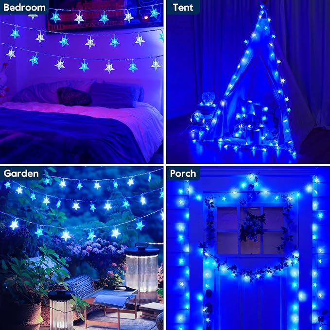 Minetom 33ft Blue and White Star String Lights Plug in | 100 LED, Remote and Timer, 8 Modes, Waterproof for Tent Loft Bed Backyard Patio Balcony Staircase Classroom Decor