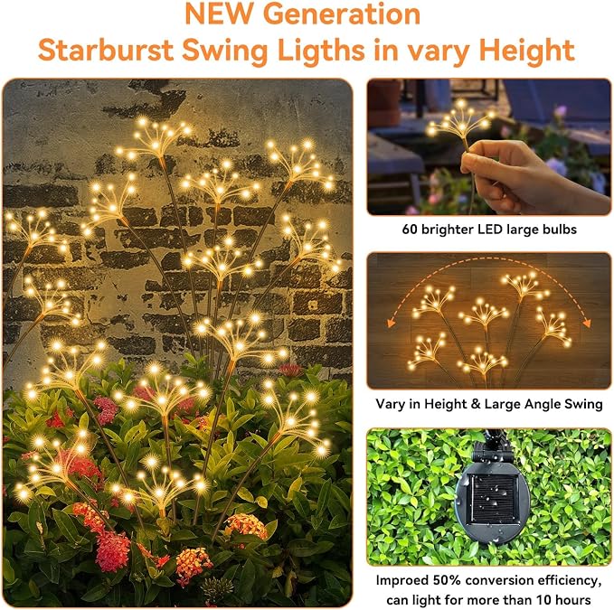 Solar Garden Lights, New Upgraded 6 Pack Solar Swaying Starburst Light, Waterproof Fireworks Outdoor Lights, Yard Patio Pathway Decoration, Warm White