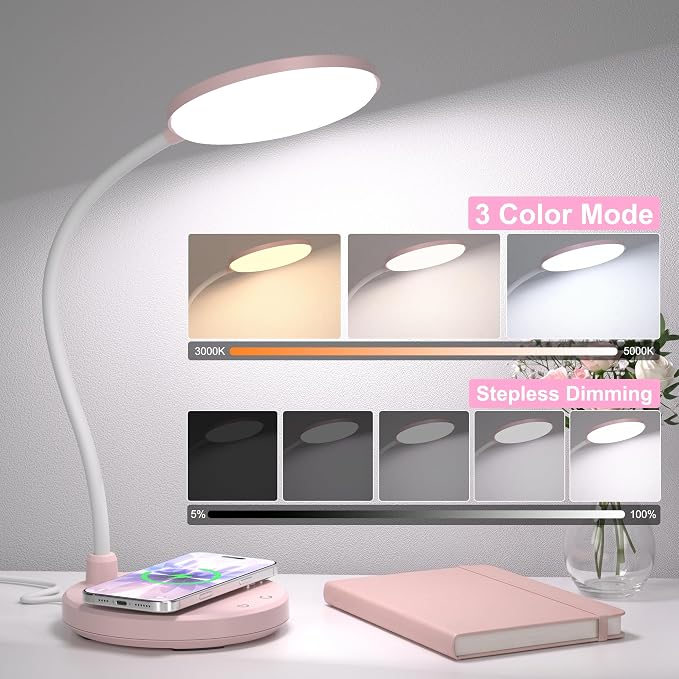 Pink Desk Lamp, Cute Desk Lamp for Girls, Wireless Charger, Dorm | 3 Color Modes, Stepless Dimming Desk Light, 360°Flexible Neck Table Lamp for Bedside Reading, Kids Room, with Adapter