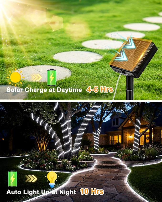 btfarm Solar Rope Lights, 120LED 46FT String Lights Outdoor Waterproof | 8 Modes, Timer & Memory Function, Tube Trampoline lighting for Outside Garden Tree Christmas Yard Patio Decor, Cool White