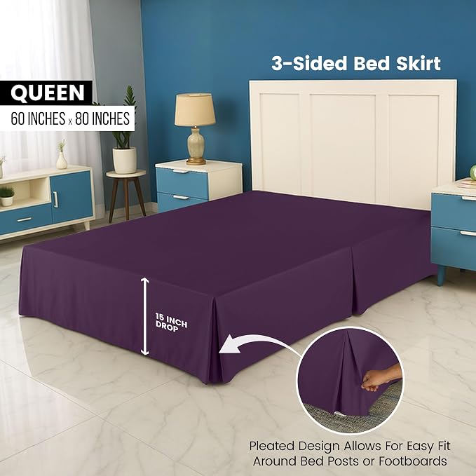 Queen Bed Skirt, Hides Under-Bed Storage 16 Inch Drop, Pleated, Purple | Easy Fit Design, Shrinkage & Fade Resistant, Hotel Style, Microfiber Durable Fabric, Machine Washable