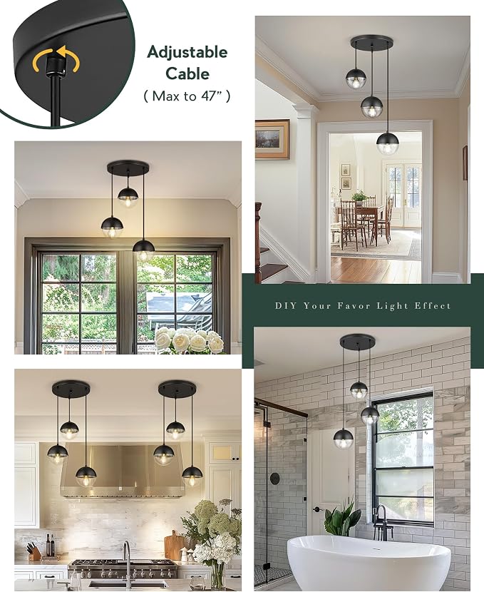 Modern 3-Light Cluster Pendant Lights, Matte Black Kitchen Island Light Fixtures with Clear Globe Glass Shade, Adjustable Hanging Light for Bathroom Bedroom Dining Room Living Room, LMS-186BKC3