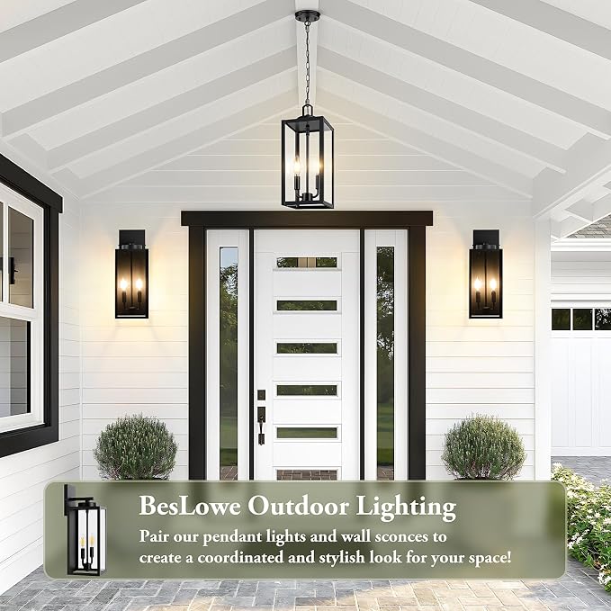 15” Large Outdoor Pendant Light, 2-Light Hanging Lantern, Black | Hanging Height Adjustable, Waterproof, Rust-Resistant, Durable Metal & Clear Glass, Dual E12 Sockets, Easy to Install