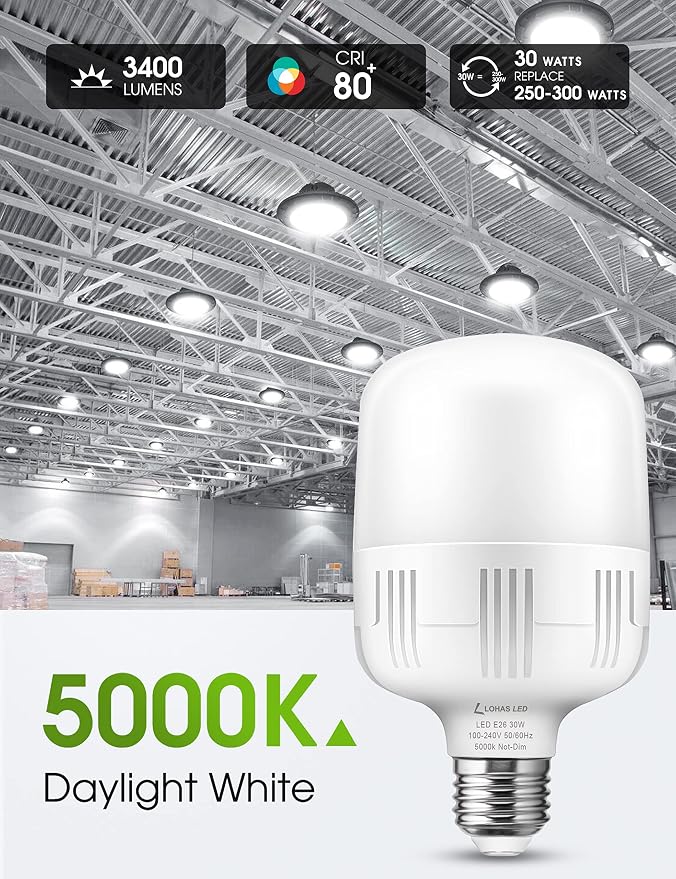 L LOHAS LED Super Bright Light Bulbs, High Lumen Garage E26 LED Bulb | 250-300W Equivalent 3400LM, 5000K Daylight, 30 Watt, w/E39 Adapter for Commercial Warehouse Workshop Factory Barn, 2 Pack