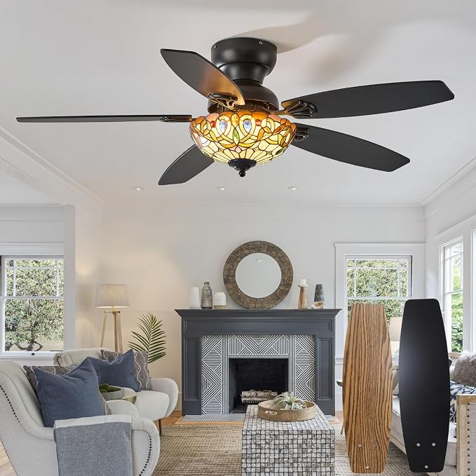 Tiffany Ceiling Fans with Lights-48"Ceiling Fan Chandelier and Glass Shade | 48" Ceiling Fan Chandelier with 5 Dual-Blades and Glass Shade, 6 Speeds and Reversible, Indoor and Outdoor, Retro Style