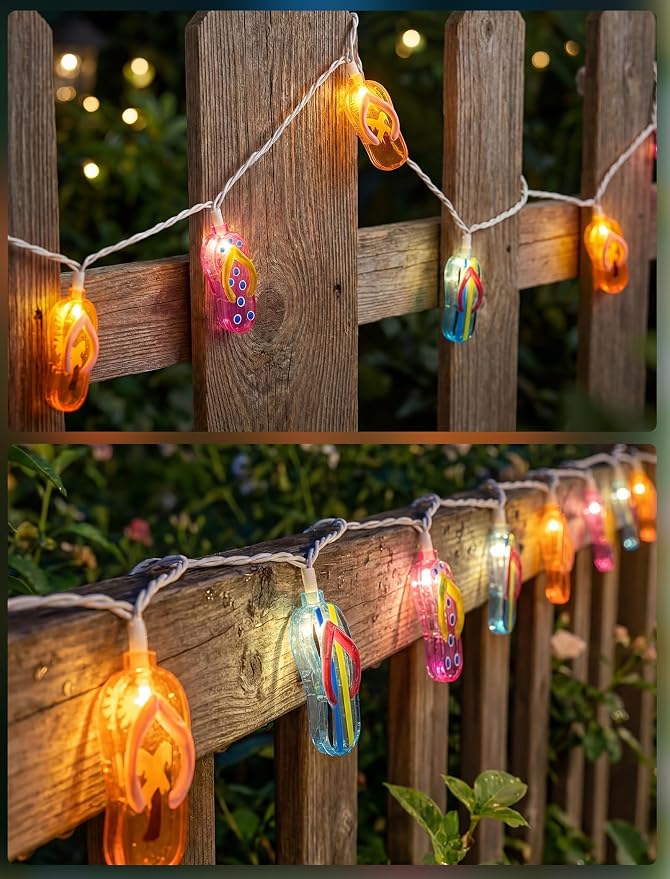 10 LED Tropical Beach Flip Flop Lights, 8.5Ft Slipper Camping String Lights | Plug in, Connectable, 10 Multicolor Hanging Fairy Lights, Summer Hawaiian Decoration for Outside Party Garden Home Decor