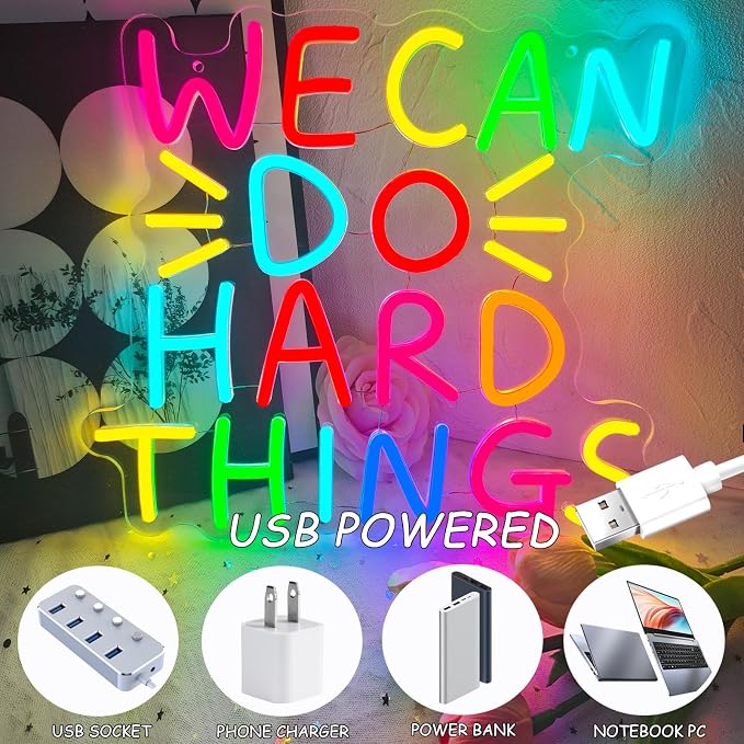 We Can Do Hard Things Neon Sign Inspirational Classroom Neon LED Light | Dimmable Kids Wall Art Neon Signs for Classroom Backdrop Library Office Bedroom Reading Room Birthday Party Decoration