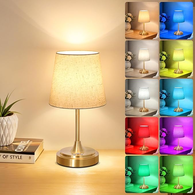 Wowag Small Cordless Table Lamp Rechargeable,5000mAh Battery Operated Desk Lamp,3 Colors & 7 RGB Stepless Dimmable,Touch Ambient Light for Bedside,Bedroom,Dining Room,Living Room,Gold,FlaxenShade