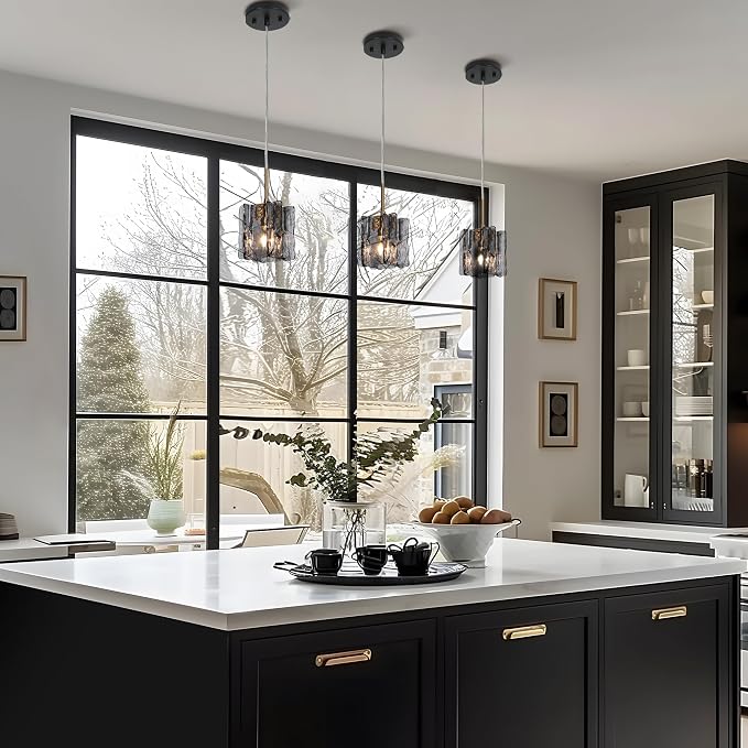 KSANA Pendant Lights Kitchen Island, 4.7'' Black and Plating Brass Kitchen Pendant Lighting Over Island, Modern Hanging Light Fixtures with Handcrafted Smoky Textured Glass