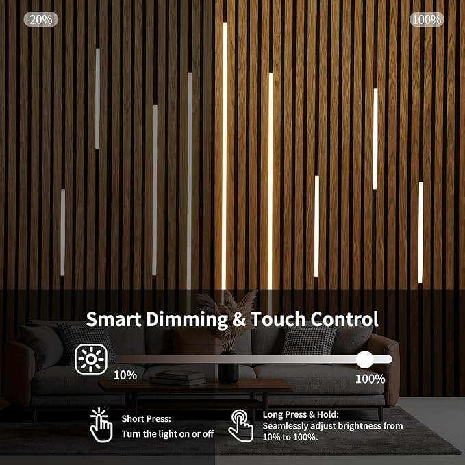 Recessed LED Silicone Strip Lights for Wood Slat Walls, 6-Pack, 3000K | Clip-In Installation with No Adhesive, Black Hidden Design, Touch Dimmer and Switch for Living Rooms and Bedrooms