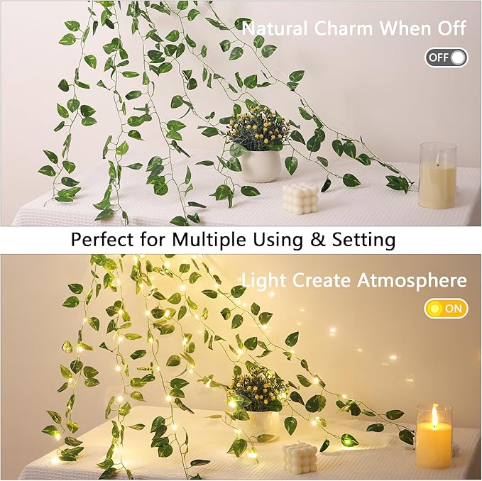 Vines with Lights Battery Operated, 6.56ft 20 LED Pothos with Fairy Lights, Leaf Lights with 8 Modes, Fake Vines Ivy String Lights for Bedroom, Wall, Room, Garden, Party Decor, 2 Pack