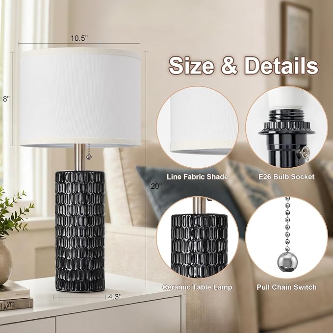Reaketon 20" Small Ceramic Table Lamps for Bedroom Set of 2, Modern Table Lamps for Night Stands, Living Room, Home Office and Hallways, Black