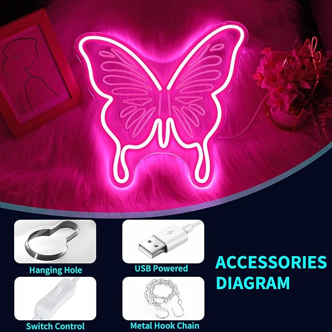 Butterfly Neon Sign, JGHTURIE Pink Neon Signs for Wall Decor Engraved LED Light Up Sign Room Decor for Club Party Bar Signs Decoration USB Powered